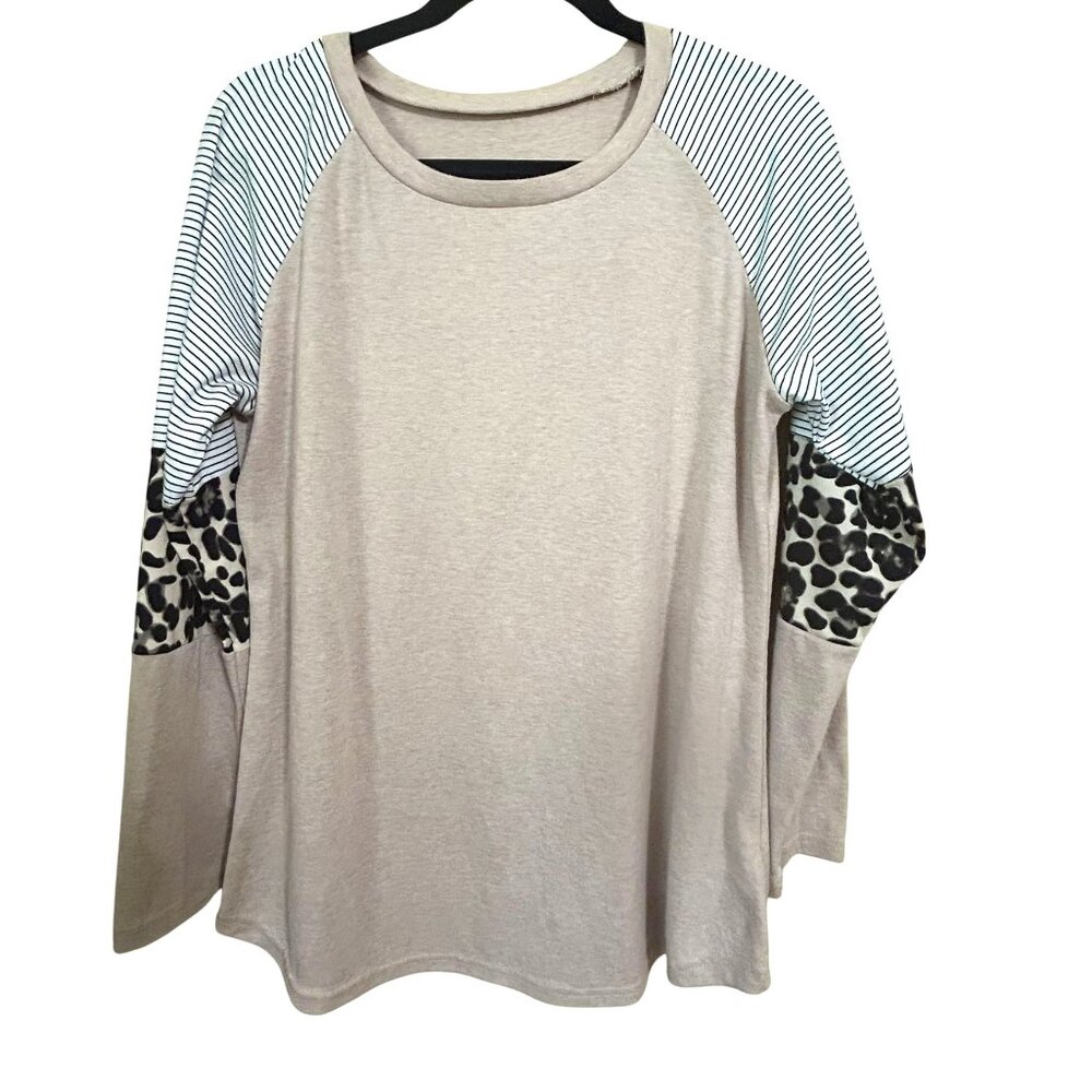 Womens Leopard Print Long Sleeve Top Round Neck Tee Color Block Blouse Striped C